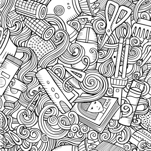 Hair Salon hand drawn doodles seamless pattern. Hairstyle background.