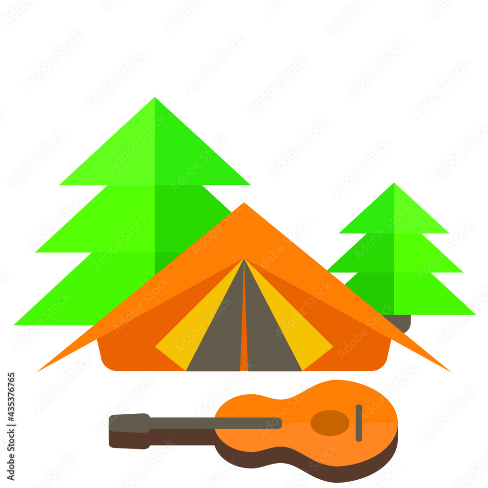 A set of items for tourism and hiking. Includes flat  guitar, spruce, tent. Landscape with flat  guitar, spruce, tent. The place where tourists stop. Camping place. Camping space