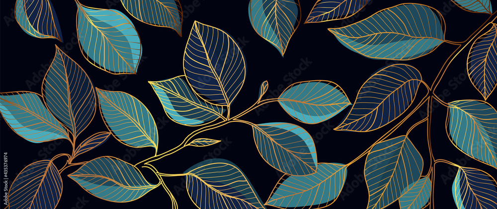 Golden leaves line art background vector. luxury gold abstract wallpaper  with blue and tidewater green color. Design for prints, Home decoration,  fabric and cover design. vector illustration. Stock Vector | Adobe Stock