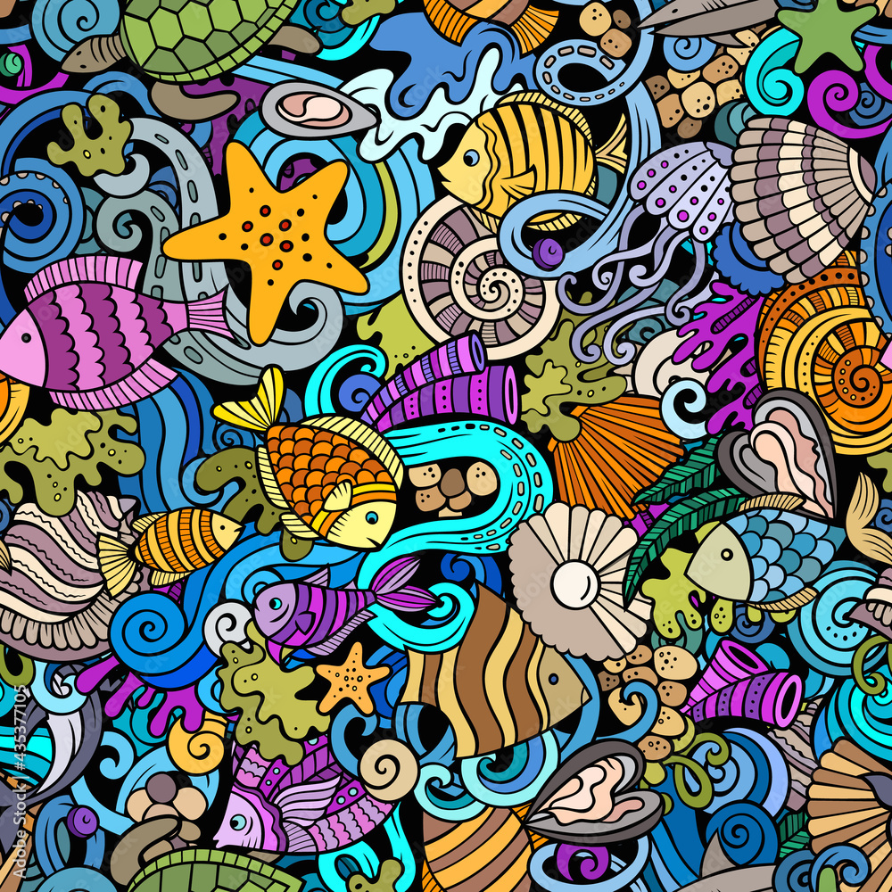 Fototapeta premium Cartoon doodles Sea Life seamless pattern.