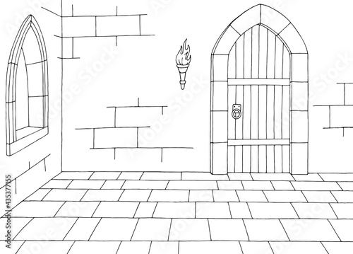 Castle interior graphic black white medieval sketch illustration vector 
