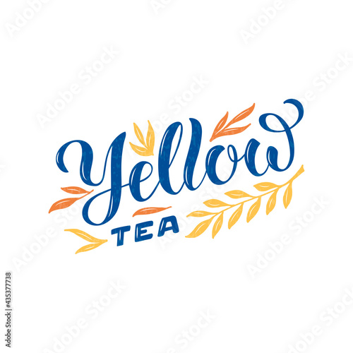Vector illustration of yellow tea brush lettering for package, banner, flyer, poster, bistro, café, shop signage, advertisement design. Handwritten text for template, sign, billboard, print 