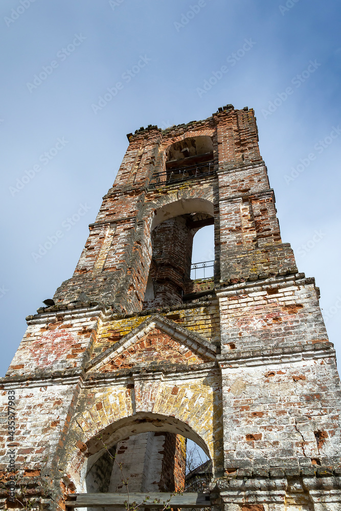 destroyed bell tower against the sky