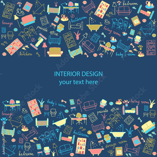 Vector illustration of doodle furniture for interior design studio, web design, decoration, advertisement, flyer, price list, print shop, label or logo. Creative drawing on blue background
