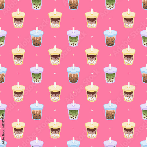 Pixel art seamless bubble milk tea pattern. Cute Pink background with colorful boba tea drinks pattern. Vintage 8 bit bubble tea pattern for textile, fabric, paper, decoration. Vector tile backdrop.