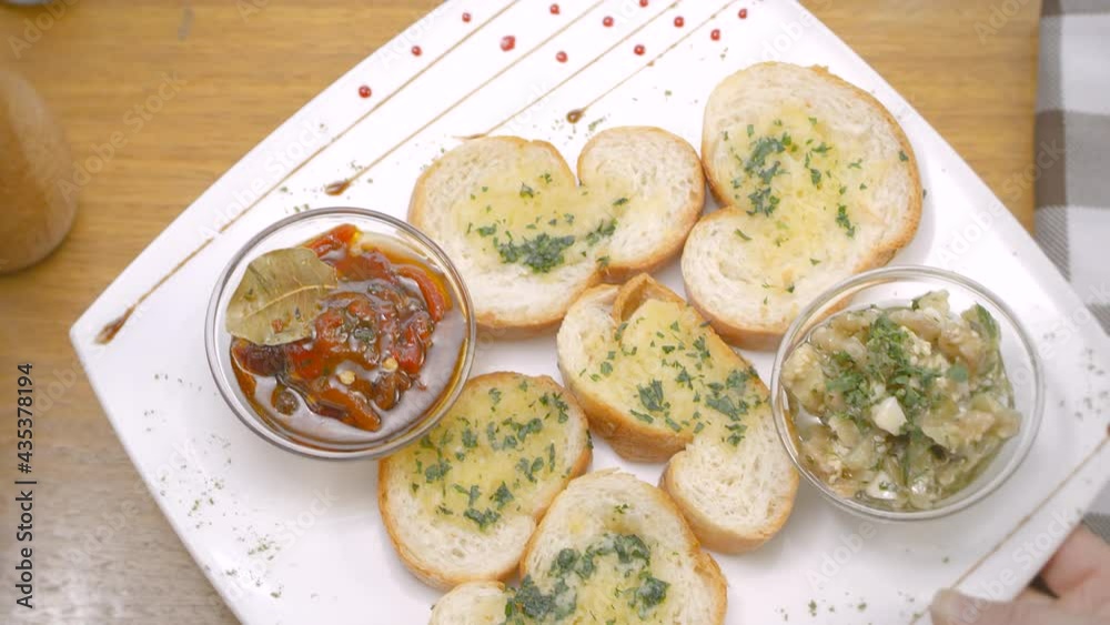 Bread toasts with pickled tomato and aubergine Bread toasts with pickled tomato and aubergine
