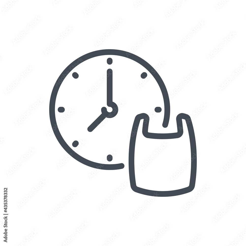 Plastic bag decomposition time line icon. Shopping bag with clock vector outline sign. Plastic bag decomposition time line icon. Shopping bag with clock vector outline sign.