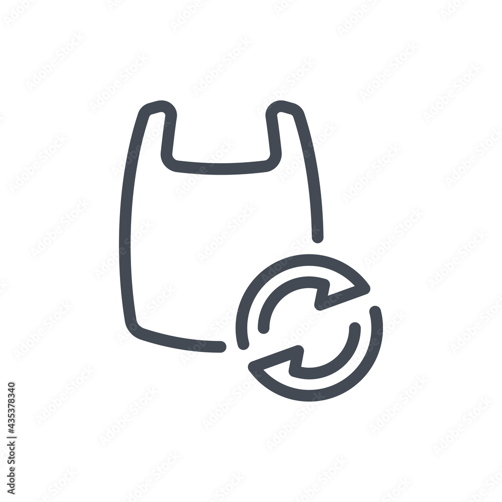 Shopping bag with rotating arrows line icon. Recycling of plastic bag vector outline sign. Shopping bag with rotating arrows line icon. Recycling of plastic bag vector outline sign.