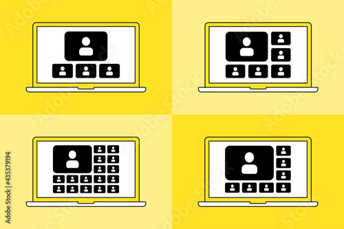 Set icons. Online video call on laptop. Four device, more users