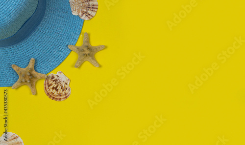 Summer background. Blue sun hat and seashells on a yellow background. Top view, close-up, horizontal. Summer concept. Copy space to the right.