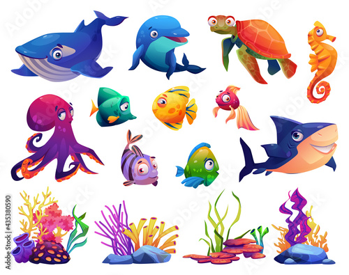 Animals of ocean, corals and algae, set isolated cartoon icons. Vector dolphin and shark, whale and fish, turtle and jellyfish. Childish seabed sea bottom creatures, marine underwater plants © Sensvector