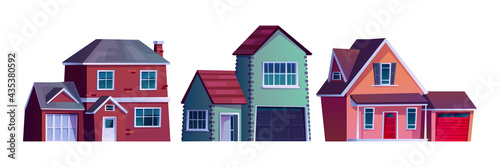Suburban street, home rural country buildings isolated cartoon icons. Vector condominium apartments on rent, facade exterior of urban houses constructions. City architecture, housing collection