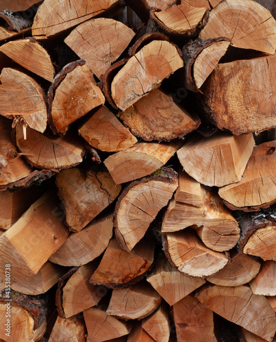 Des bûches refendues empilées pour sécher. Le bois de hêtre pour chauffer la maison l´hiver avec la cheminée.