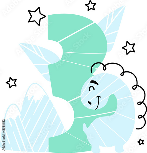 Vector illustration of Dinosaur birthday number 3, third, selebratign birthday for baby boy with plants and stars