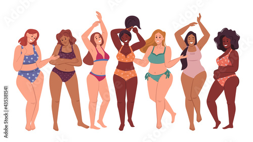 Body positive women in bikini swimsuits isolated flat cartoon characters. Vector full or plus size ladies different body types. Happy girls, beauty diversity. Woman with various skin and hair shades