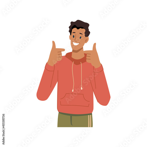 Smiling male character showing thumbs up, sign of approval or satisfaction. Isolated teenager wearing sweatshirt, student communicating with gestures. Cool and okay. Vector in flat cartoon style