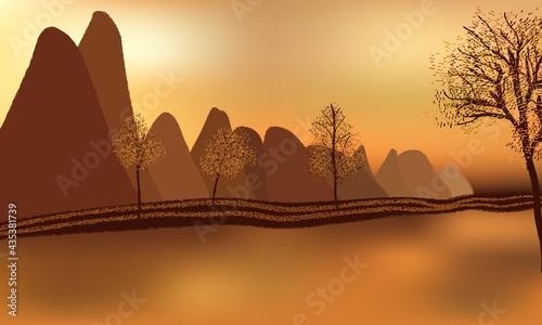 Beautiful golden sunset, autumn mountains and trees,water surface reflections.