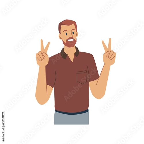 Cheerful male character showing peace sign or victory gesture with fingers. Isolated bearded man communicating with nonverbal means. Expression of feelings and emotions. Vector in flat cartoon style
