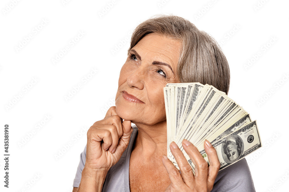 Happy  elderly woman with dollars
