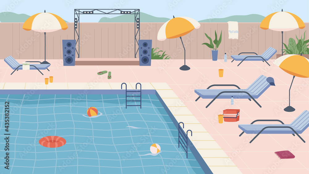 Fototapeta premium Furniture and umbrellas, inflatable lifebuoy and ball by pool party. Scene by water, luxurious resort or hotel, swimming and sunbathing recreation summer weekends or holidays. Vector in flat cartoon