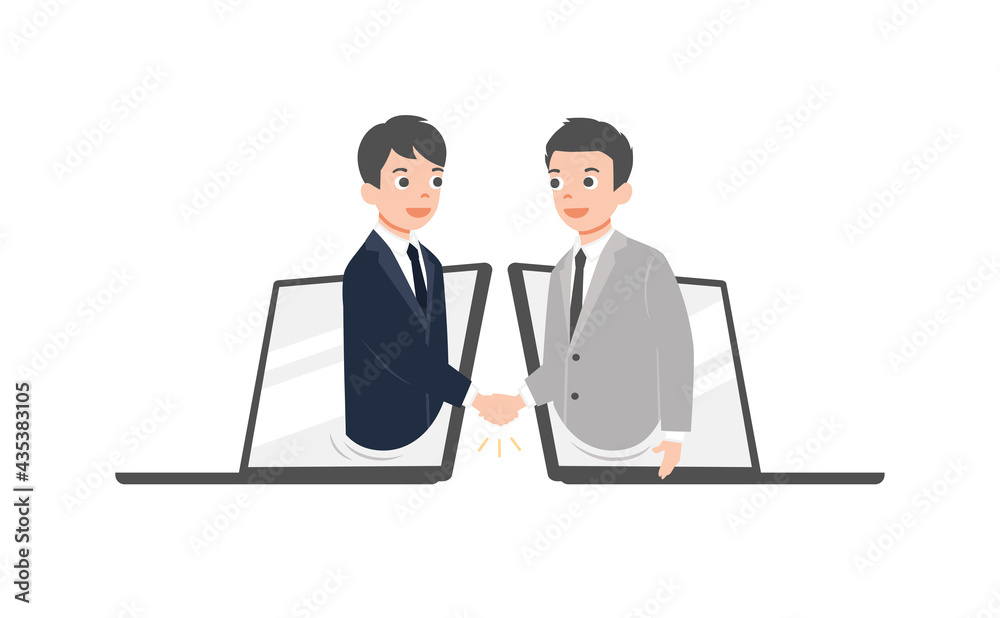 Two businessmen talk through laptop screens and shake hands. Online communication and business meeting, solated on white background. vector illustration. Two businessmen talk through laptop screens and shake hands. Online communication and business meeting, solated on white background. vector illustration.