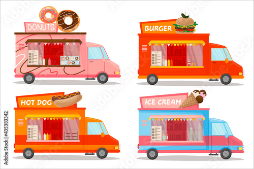 Set and different types of street food van. Car with ice cream, hot dogs, burgers and donuts. Vector illustration isolated on white background. For advertisements, leaflets, flyers, stickers and web.