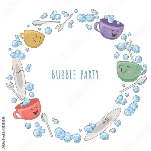 Design template with teapot, cups and bubbles. Decoration of invitations, poster for bubble party. Cute illustration of washing dishes for kids