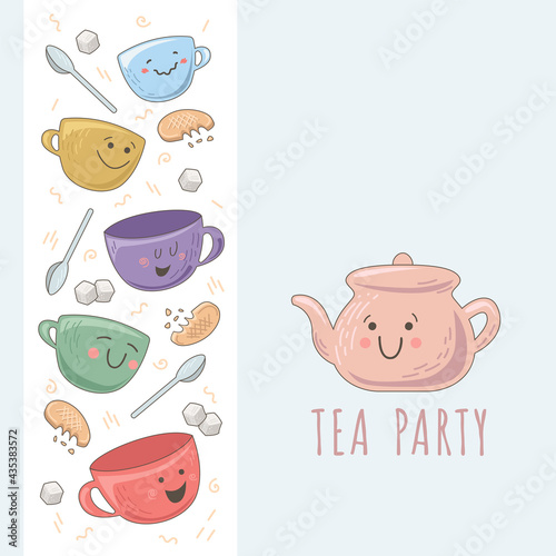 Design template with cute teapot, cups, sugar cubes and cookies. Decoration of invitations, poster for a tea party. Illustrations with funny dishes