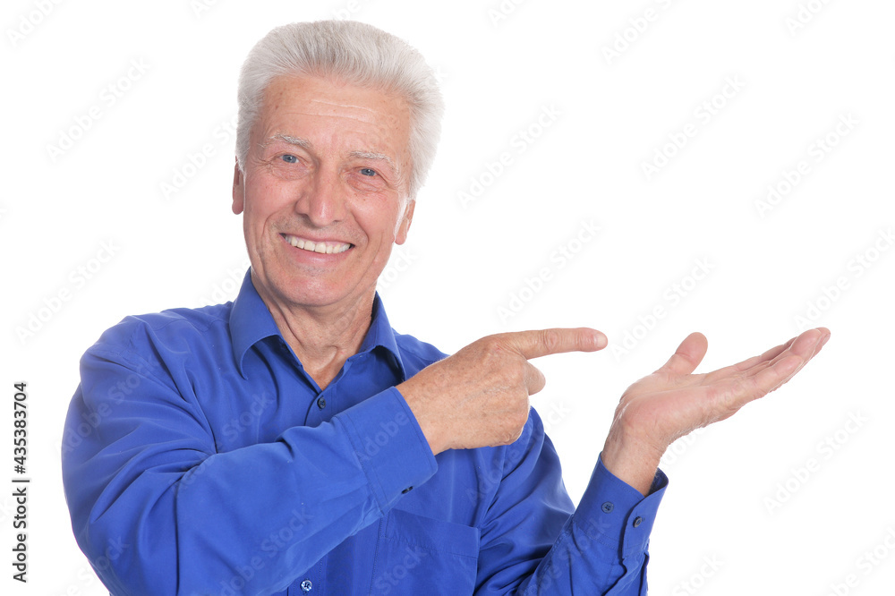 portrait of senior man showing something portrait of senior man showing something