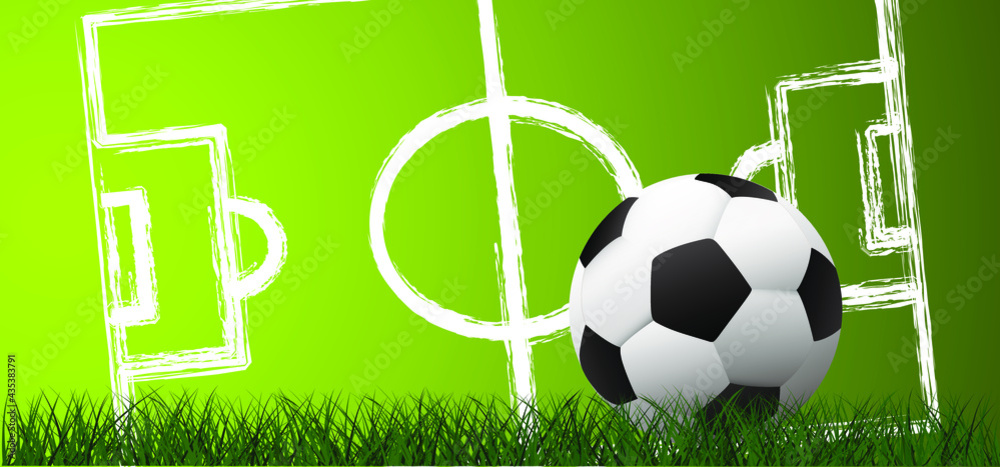 Obraz premium Flat vector black grunge soccer ball with green field. Grungy football. Cartoon euro sport EK, WK pictogram Sports game cup. 2020, 2021, 2022