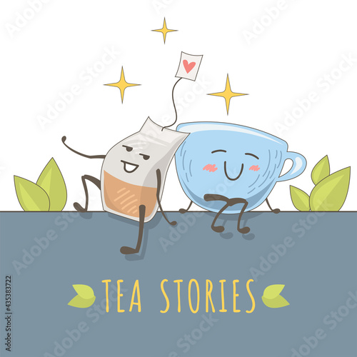 Cute illustration of love cup and tea bag. Tea tells the story of a cup under the stars.