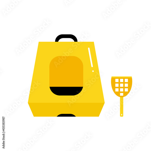 Cute cartoon style cat hooded litter box with plastic shovel. Vector icons, illustration.