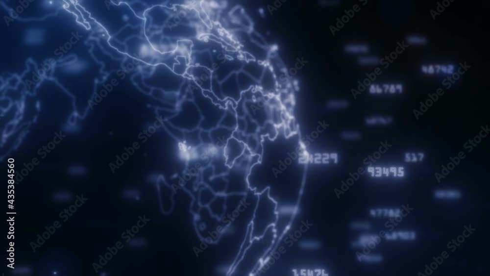 A digital projection of a spinning blue Earth globe with floating numbers and copy space on a seamless loop. A digital projection of a spinning blue Earth globe with floating numbers and copy space on a seamless loop.