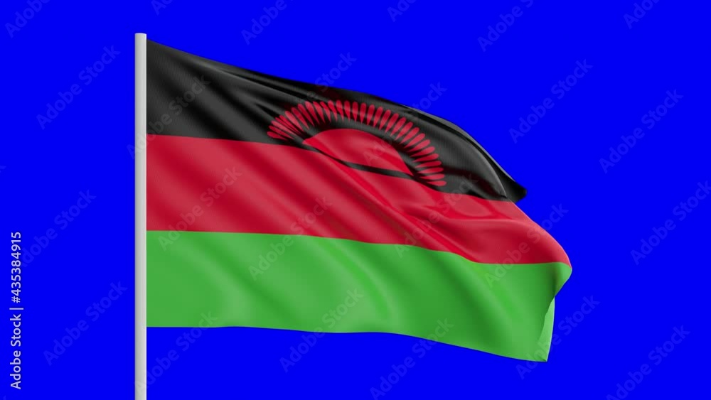 National Flag Of Malawi Waving In The Wind on Blue Screen With Alpha Matte
