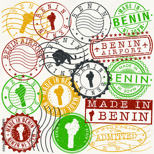 Benin Set of Stamps. Travel Passport Stamps. Made In Product Design Seals in Old Style Insignia. Icon Clip Art Vector Collection.