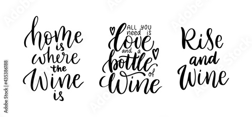 Wine vector quote set. Positive funny sayings for poster in cafe and bar, t shirt design. Kitchen funny typography poster set about love for wine. Vector illustration isolated on white background