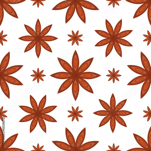 Seamless pattern with flat anise stars on white.