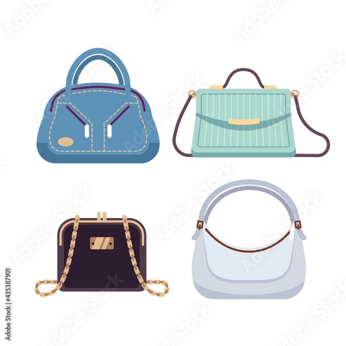 Ladies Bags. Handbags women with fashion accessories. Summer pastel colors, leather trendy glamour various forms purses. Crossbody and with handle. Vector cartoon isolated fashionable set