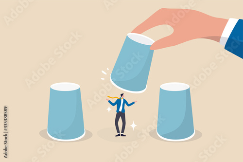HR, Human resources choosing candidate, career choice or hiring manager and employment concept, employer hand lifting up the chosen cup to choose candidate businessman from guess game cups.
