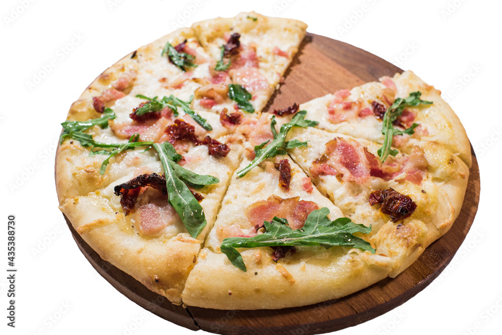 Pizza Cosa Nostra on wooden plate isolated on white background Pizza Cosa Nostra on wooden plate isolated on white background