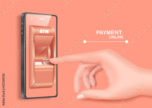 Hand is pressing the button on the ATM. To pay and withdraw money for shopping online and payment on line concept and all object on pastel pink background,vector 3d isolated for financial advertising