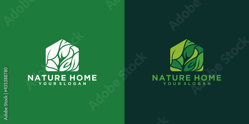 Green home nature logo design, house shaped leaf concept