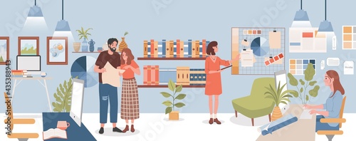 Design studio vector flat illustration. Happy smiling colleagues discussing work, young woman making design project at computer. Cozy workshop or designer office interior concept.