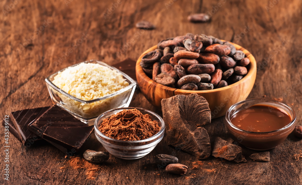 Various cocoa products set: beans, powder, butter, dark chocolate, grated cocoa on wooden table background