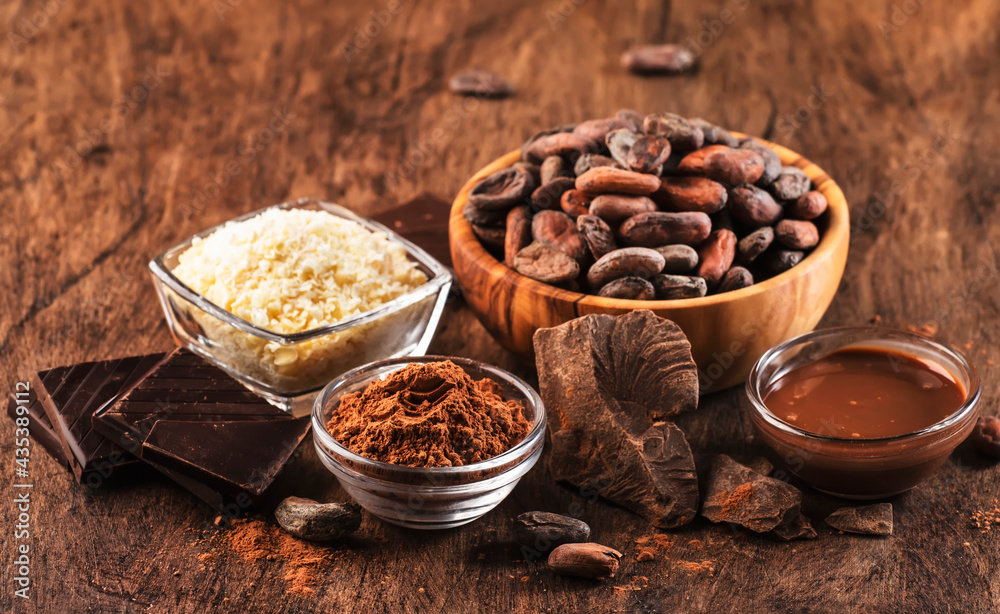 Various cocoa products set: beans, powder, butter, dark chocolate, grated cocoa on wooden table background Various cocoa products set: beans, powder, butter, dark chocolate, grated cocoa on wooden table background