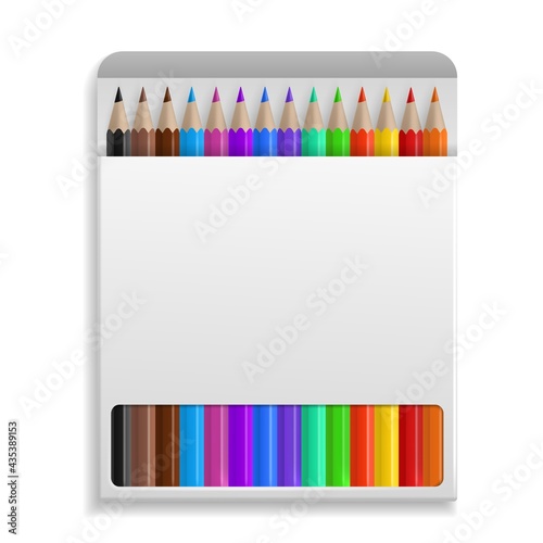 Pencil in box. Wooden crayons in packaging mockup, stationery tools, realistic boxes with colored pencils. Blank white label, school supplies arranged in line by colors vector illustration
