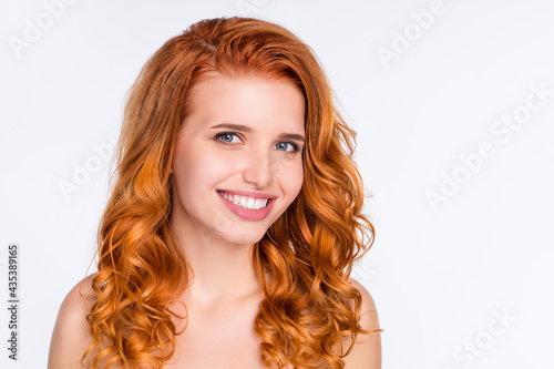 Photo portrait of red haired girl nude shoulders smiling isolated on white color background with copyspace