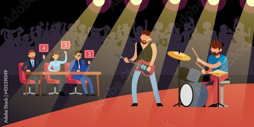 Talent rock show. Guitarist and drummer on stage, crowd of fans in hall, judges give marks, male musicians with electric guitar and drums, musical group performance. Vector cartoon concept