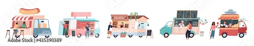 Street food kiosks. Food trucks with different cuisine, seller and customer, mobile cafe. Coffee shop, falafel, and popcorn vans. People buy hot dogs and desserts. Takeaway meal vector set