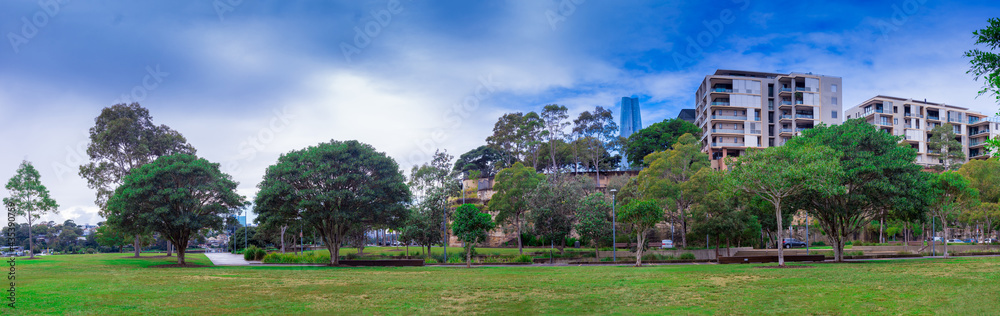 Panorama view of Pyrmont Park apartments in background Sydney NSW Australia 